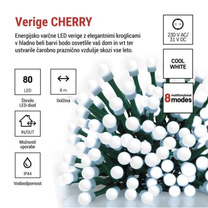 LED božična cherry veriga – kroglice, 8 m, zunan. in notran.,hladna bela,programi,časovnik