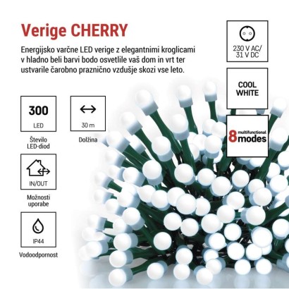 LED božična cherry veriga–kroglice, 30 m,zunan. in notran.,hladna bela, programi, časovnik
