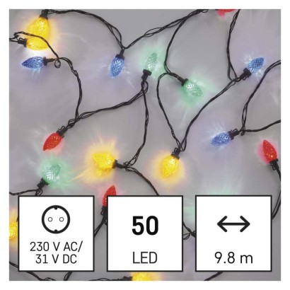 LED Ziemassvēku. virt. – krāsaini čiekuri, 9,8 m, liet. ārā un iekšt., daudzkr., 8 režīmi