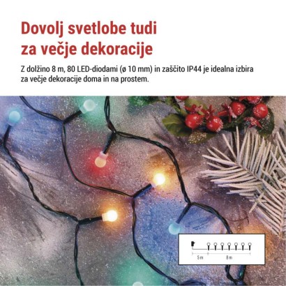 LED božična cherry veriga – kroglice, 8 m, zunanja in notranja,večbarvna,programi,časovnik
