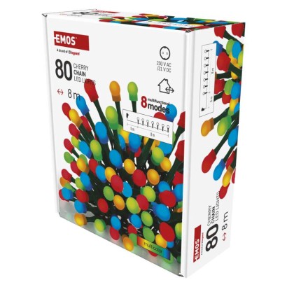 LED vánoční cherry řetěz – kuličky, 8 m, venkovní i vnitřní, multicolor, programy, časovač