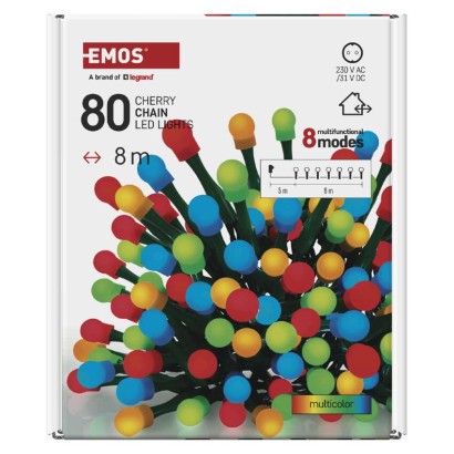 LED vánoční cherry řetěz – kuličky, 8 m, venkovní i vnitřní, multicolor, programy, časovač
