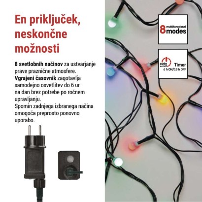 LED božična cherry veriga–kroglice, 20 m, zunanja in notranja, večbarvna,programi,časovnik