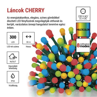 LED karácsonyi fényfüzér,cseresznye–golyók, 30 m, kültéri és beltéri, többszínű,progr,időz