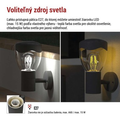 Záhradné nástenné svietidlo ARTEO, 16,4 x 12 x 23 cm, 1 x E27, 15 W