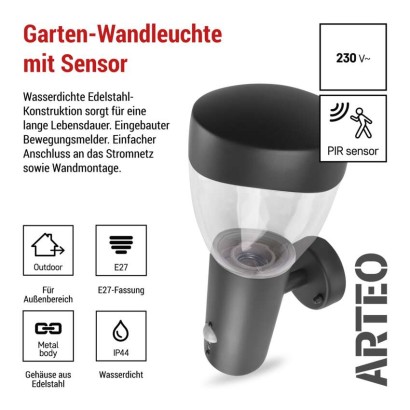 Garten-Wandleuchte ARTEO mit Dämmerungssensor, 16,4 x 12 x 29,5 cm, 1 x E27, 15 W