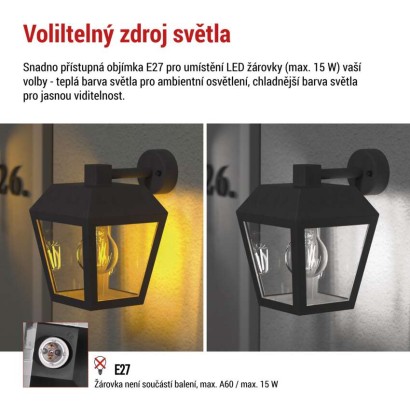 Zahradní nástěnné svítidlo ADENIA, 18 x 15 x 24,5 cm, 1 x E27, 15 W