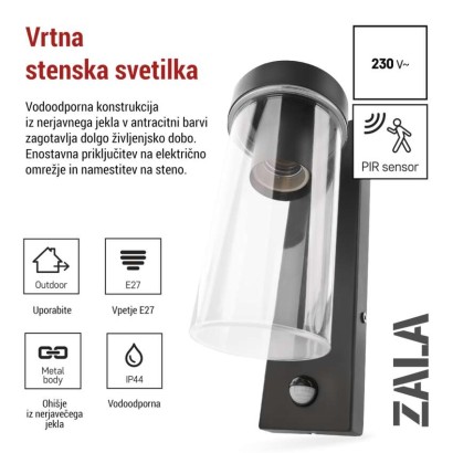 Vrtna stenska svetilka ZALA s PIR senzorjem, 12,8 x 8 x 28 cm, 1 x E27, 15 W