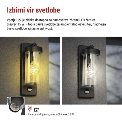 Vrtna stenska svetilka ZALA s PIR senzorjem, 12,8 x 8 x 28 cm, 1 x E27, 15 W