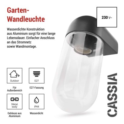 Garten-Wandleuchte CASSIA, 12,6 x 9,5 x 22,2 cm, 1 x E27, 15 W