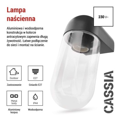 Lampa naścienna Garden CASSIA, na żarówekę E27 max 15W, IP44