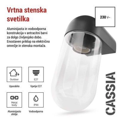 Vrtna stenska svetilka CASSIA, 12,6 x 9,5 x 22,2 cm, 1 x E27, 15 W