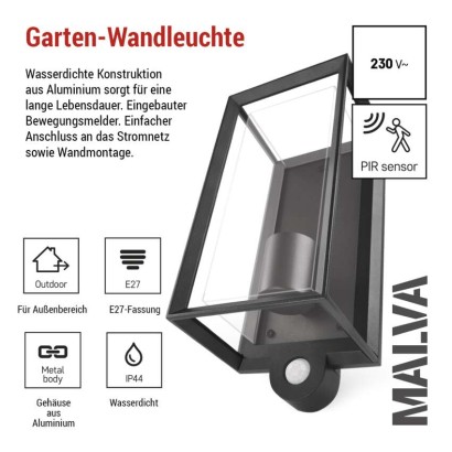 Garten-Wandleuchte MALVA mit Dämmerungssensor, 13 x 12,5 x 28 cm, 1 x E27, 15 W