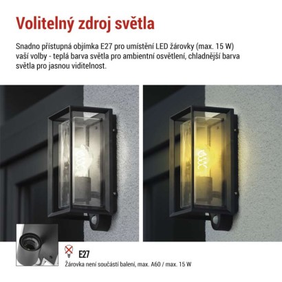 Zahradní nástěnné svítidlo MALVA, čidlo soumraku, 13 x 12,5 x 28 cm, 1 x E27, 15 W