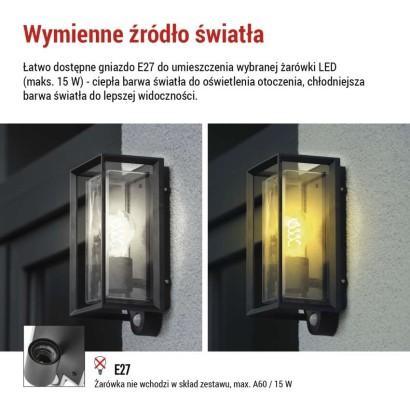 Lampa naścienna Garden MALVA, na żarówkę E27 max 15W, IP44, PIR