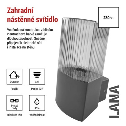 Zahradní nástěnné svítidlo LANA, 11,7 x 10,6 x 21,8 cm, 1 x E27, 25 W