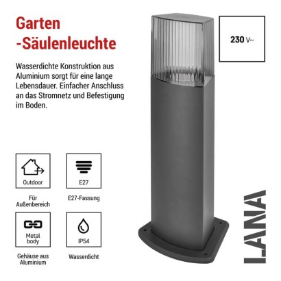 Garten-Pollerleuchte LANA, 15,3 x 13,3 x 45 cm, 1 x E27, 25 W