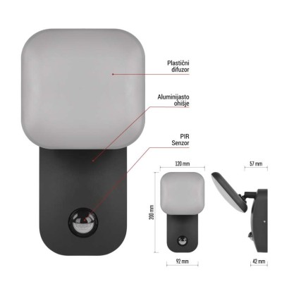 Vrtna LED stenska svetilka NIKA s PIR senzorjem, 12 x 12 x 20 cm, 12,8 W, toplo bela