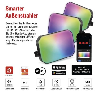 GoSmart LED-Außenstrahler, Starter-Set, 3-teilig, 14 W, RGBIC dimmbar, WiFi
