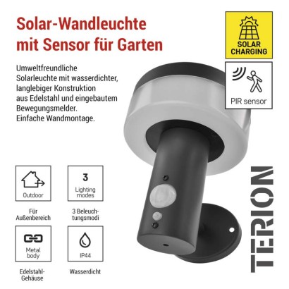 LED Solar-Garten-Wandleuchte TERION mit Dämmerungssensor, 12,5 x 14,7 x 14,6 cm