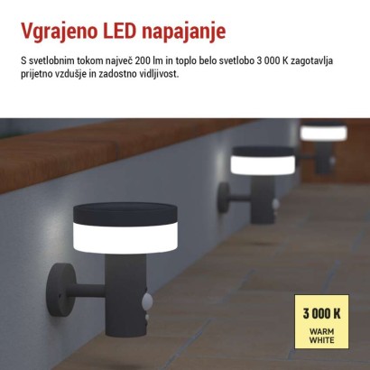 Vrtna LED stenska svetilka TERION s PIR senzorjem, 12,5 x 14,7 x 14,6 cm