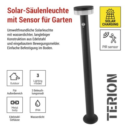 LED Solar-Garten-Pollerleuchte TERION mit Dämmerungssensor, 12,5 x 12,5 x 80 cm
