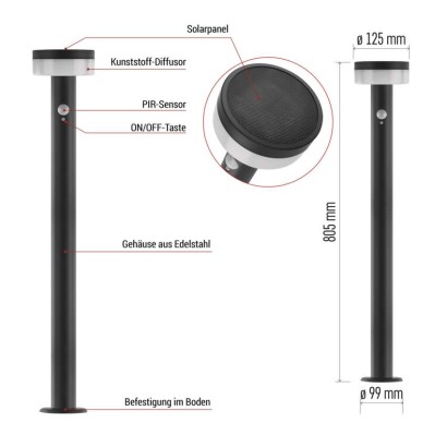 LED Solar-Garten-Pollerleuchte TERION mit Dämmerungssensor, 12,5 x 12,5 x 80 cm