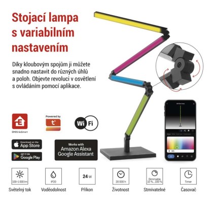 GoSmart LED stojací lampa, černá, 175 cm, teplá bílá / RGBIC WiFi