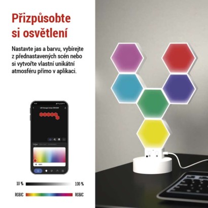 GoSmart LED stolní lampa Hexagon bílá, 6 dílů, RGBIC stmívatelná, WiFi