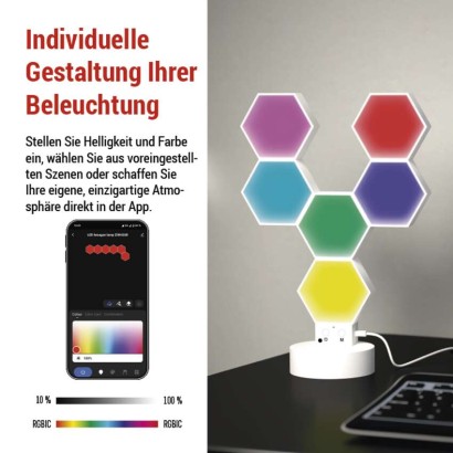 GoSmart LED-Tischleuchte Hexagon weiß, 6-teilig, RGBIC dimmbar, WiFi