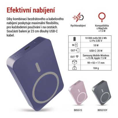 Powerbanka EMOS WI 1046, 10 000 mAh, 20 W+Wireless, modrá