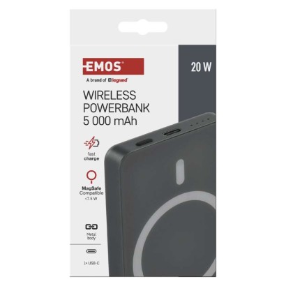 EMOS Powerbank WI 522, 5 000 mAh, 20 W+Wireless, szürke