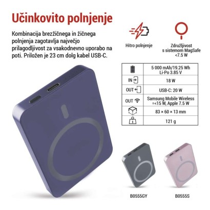 EMOS powerbank WI 522, 5 000 mAh, 20 W+Wireless, modra