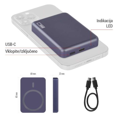 EMOS powerbank WI 522, 5 000 mAh, 20 W+Wireless, modra