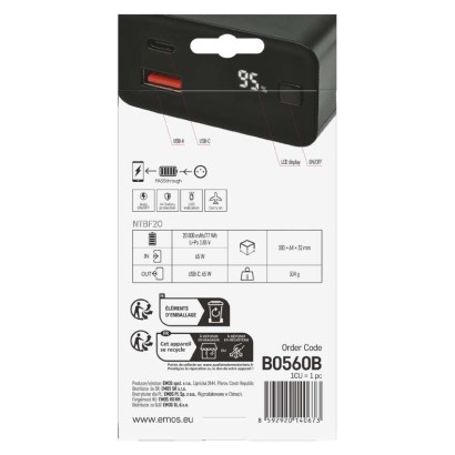 EMOS Powerbank NTBF20, 20 000 mAh, 65 W PD, fekete