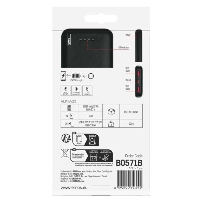 EMOS AlphaQ3 powerbank, 10 000 mAh, 22,5 W, črni