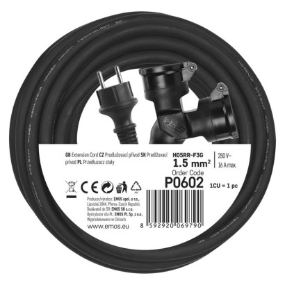 Przedłużacz ogrodowy 15 m / 2 gniazda / czarny / guma / 230 V / 1,5 mm2