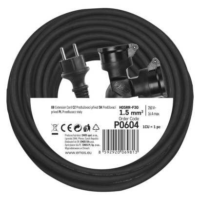 Przedłużacz ogrodowy 25 m / 2 gniazda / czarny / guma / 230 V / 1,5 mm2