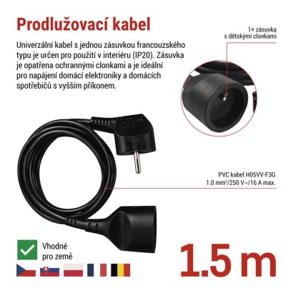 Prodlužovací kabel 1,5 m / 1 zásuvka / černý / PVC / 1 mm2