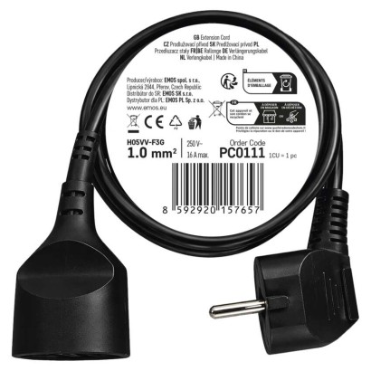 Prodlužovací kabel 1,5 m / 1 zásuvka / černý / PVC / 1 mm2