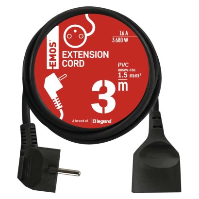 Prodlužovací kabel 3 m / 1 zásuvka / černý / PVC / 1,5 mm2