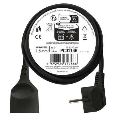 Prodlužovací kabel 3 m / 1 zásuvka / černý / PVC / 1,5 mm2