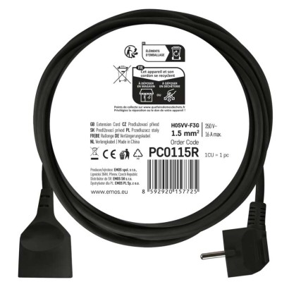 Prodlužovací kabel 5 m / 1 zásuvka / černý / PVC / 1,5 mm2