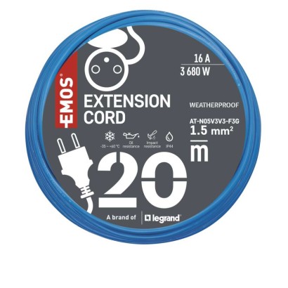 Przedłużacz mrozoodporny 20 m / 1 gniazdo / niebiesk / PVC / 230 V / 1,5 mm2