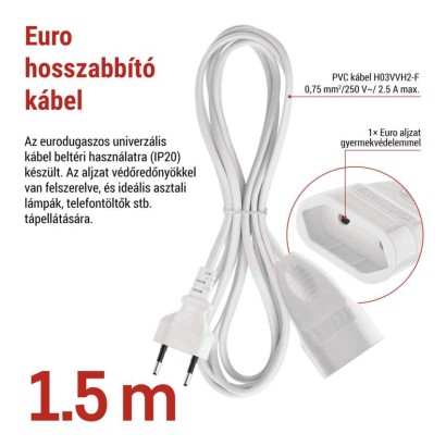 Hosszabbító 1,5 m / 1 aljzat / fehér / PVC / 0,75 mm2