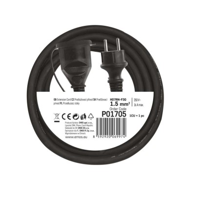 Vonkajší predlžovací kábel 5 m / 1 zásuvka / čierny / guma-neoprén / 230 V / 1,5 mm2