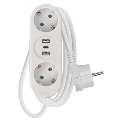 Steckdosenleiste – 2 Steckdosen+2×USB A+1×USB C, 1,5m, 1,5mm2, weiss