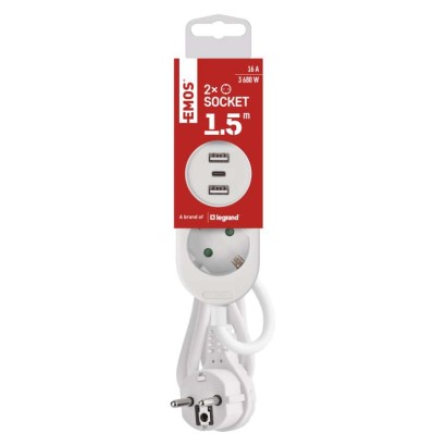Steckdosenleiste – 2 Steckdosen+2×USB A+1×USB C, 1,5m, 1,5mm2, weiss