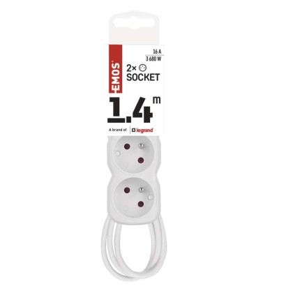 Przedłużacz 1,4 m / 2 gniazda / z wyłącznikiem / biały / PVC / 1 mm2