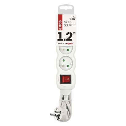 Prodlužovací kabel 1,2 m / 3 zásuvky / s vypínačem / bílý / PVC / 1 mm2